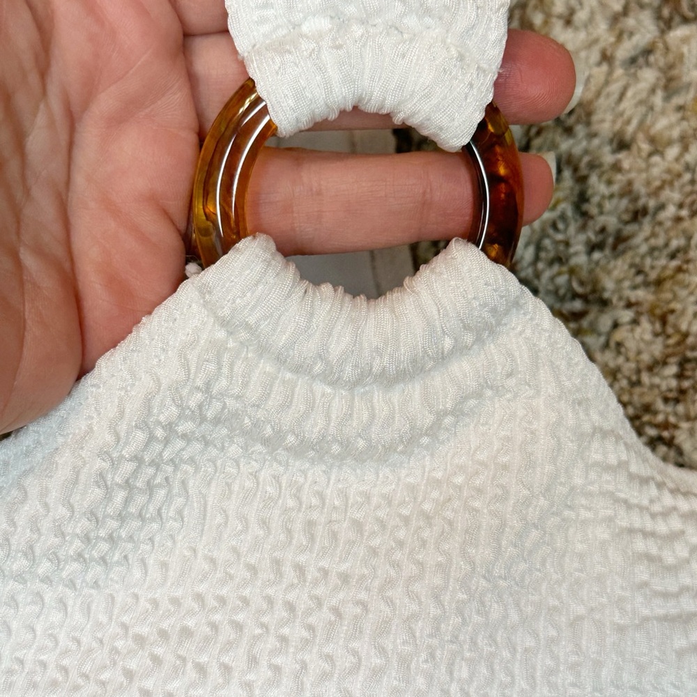 SHEIN Women’s White/Brown One Piece Swimsuit Ribbed One Shoulder with Cutout- M - Picture 3 of 6